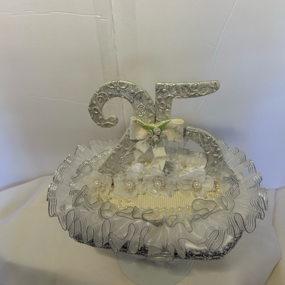 Elegant Silver 25th Anniversary Cake Topper with Bow